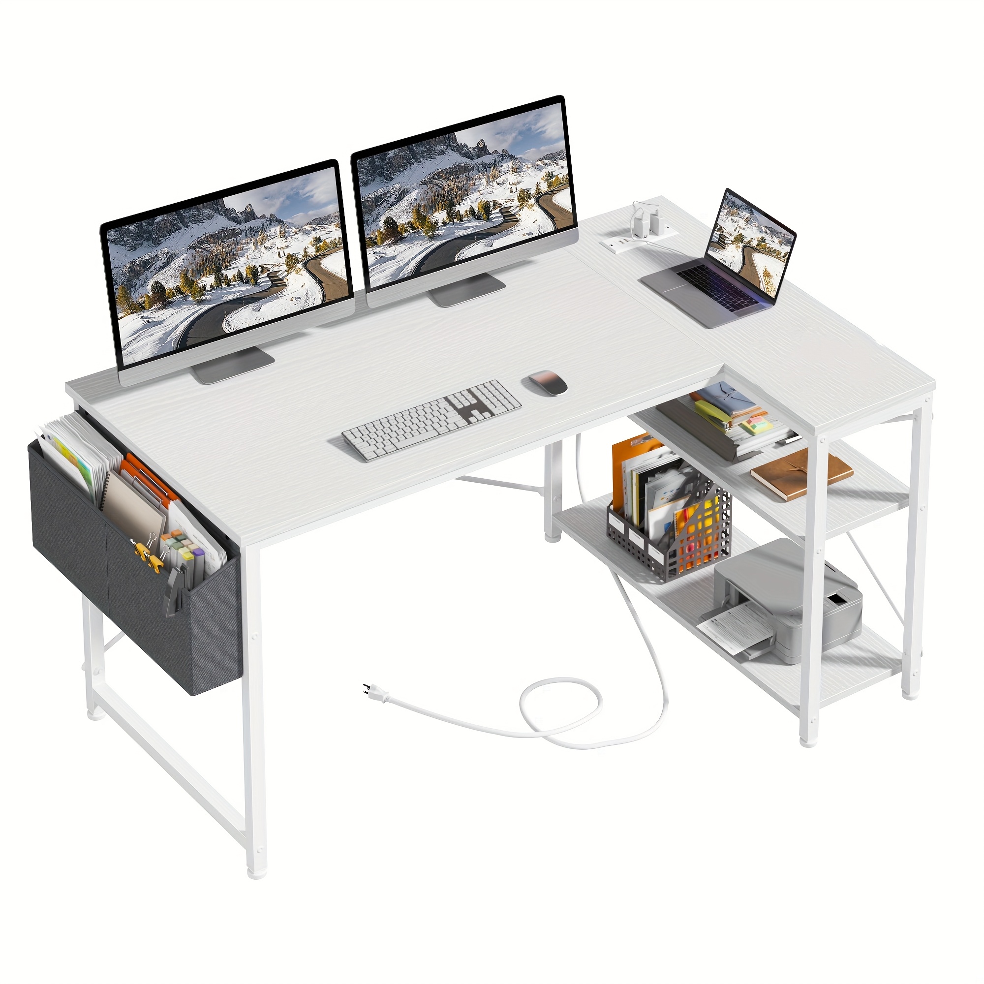 

L Shaped Computer Desk With Power Outlets, Computer Desk With Storage Shelves, Home Desk For Work, Writing Study Desk With Gaming Desk For Bedroom Office Dorm,