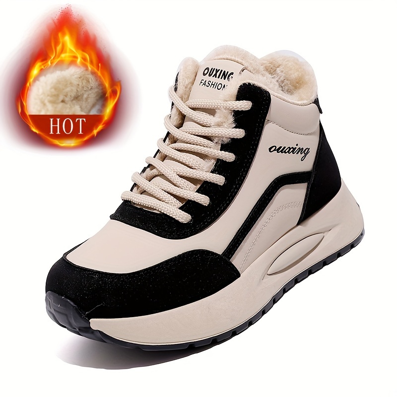 Botas de invierno para mujer, tenis altos con forro polar antideslizantes y cálidos, zapatos casuales gruesos y cómodos, botas cortas con forro de felpa, color sólido, tacón plano, cierre de cordones, suela de TPU, interior y plantilla de tela, estilo deportivo, cómodas para todas las temporadas