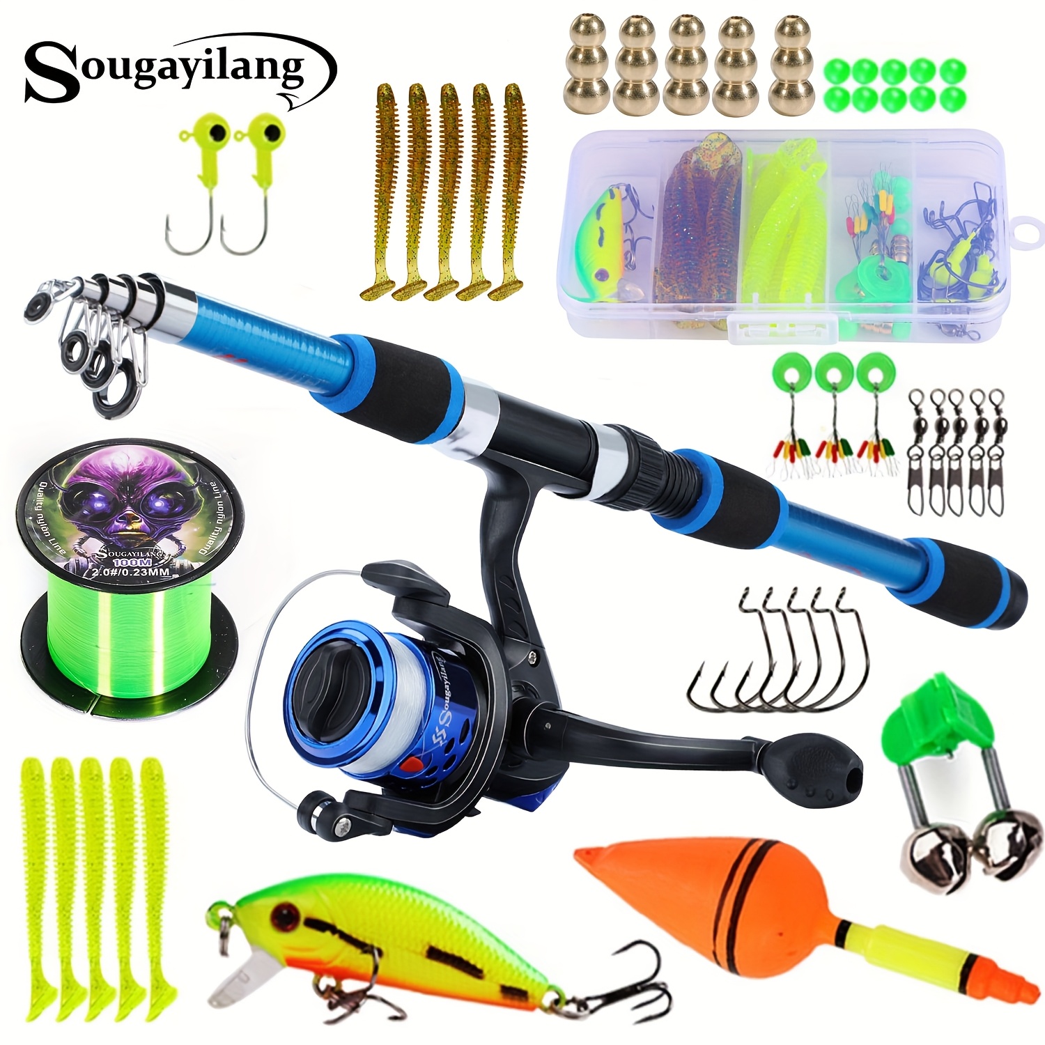   1 8m 5 9ft fishing pole set telescopic fishing rod and spinning reel baits hooks travel pole set random color and model of fishing line