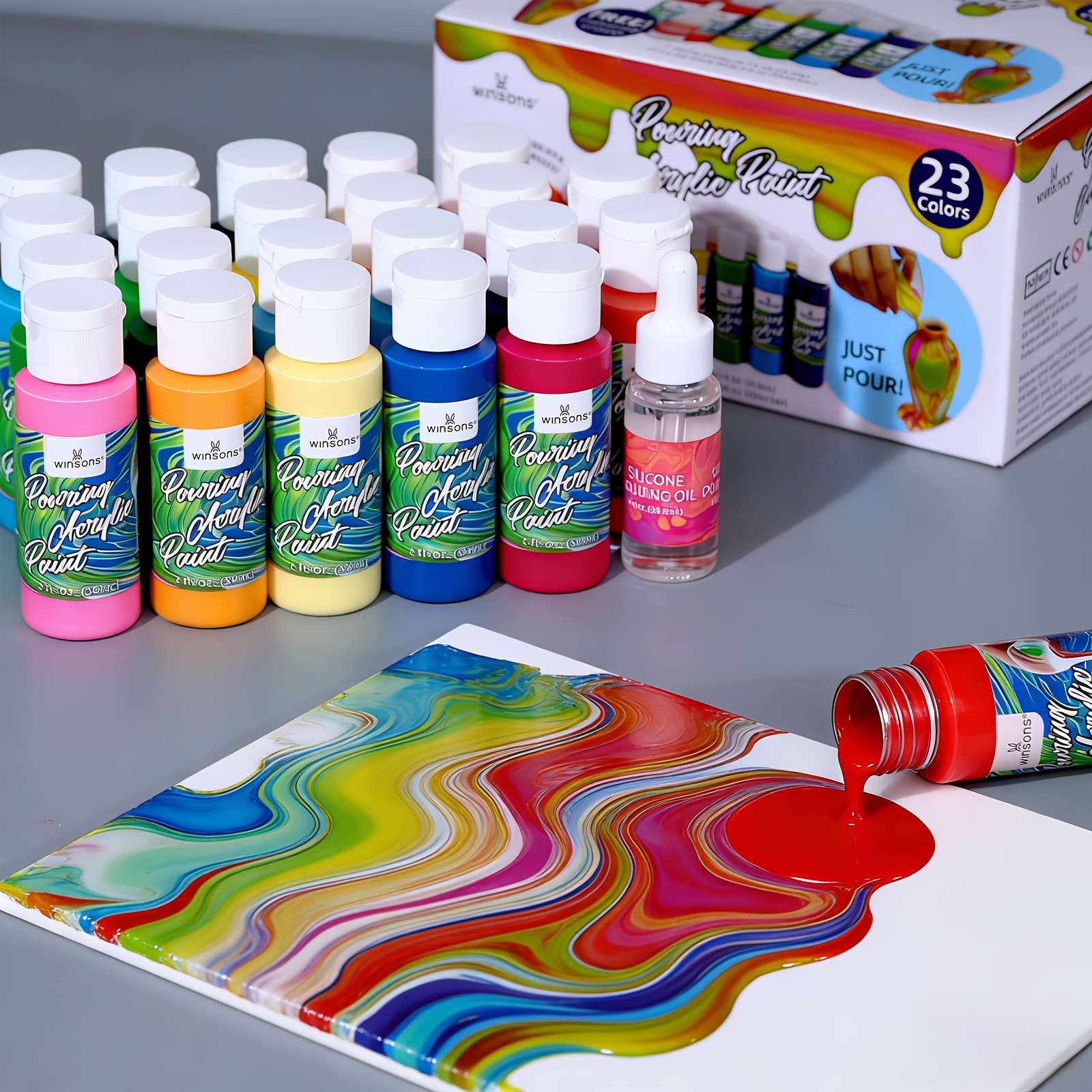 TEMU Winsons 23 Color Acrylic Pouring Paint Set, 23 Bottles (2oz/60ml) Pre Mixed Vibrant Liquid Pigment For And Mixed Media Crafts On Canvas, Sponge,