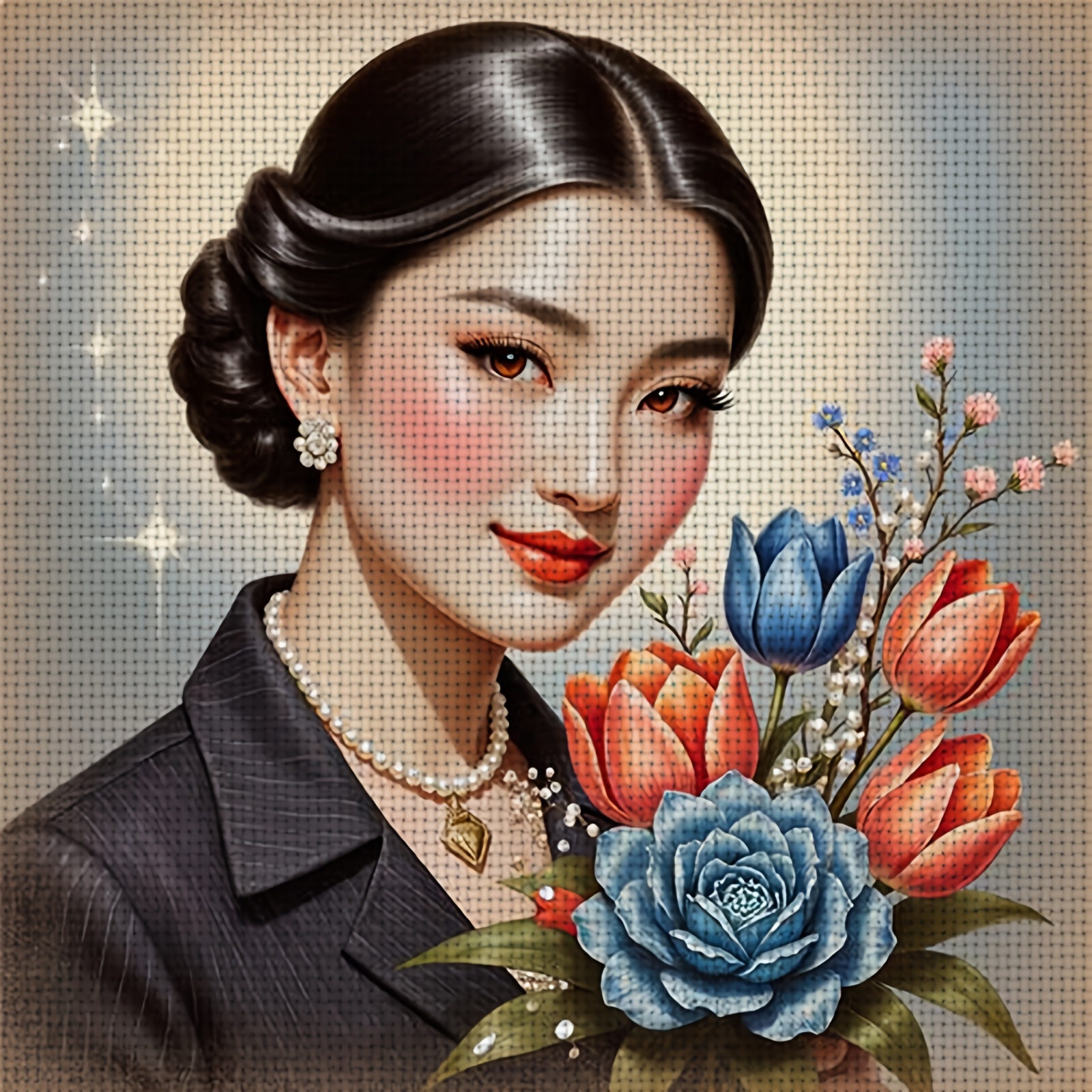 DIY Cross-stitch Printed Kit, Unframed, "Child Holding a Bouquet" Pattern