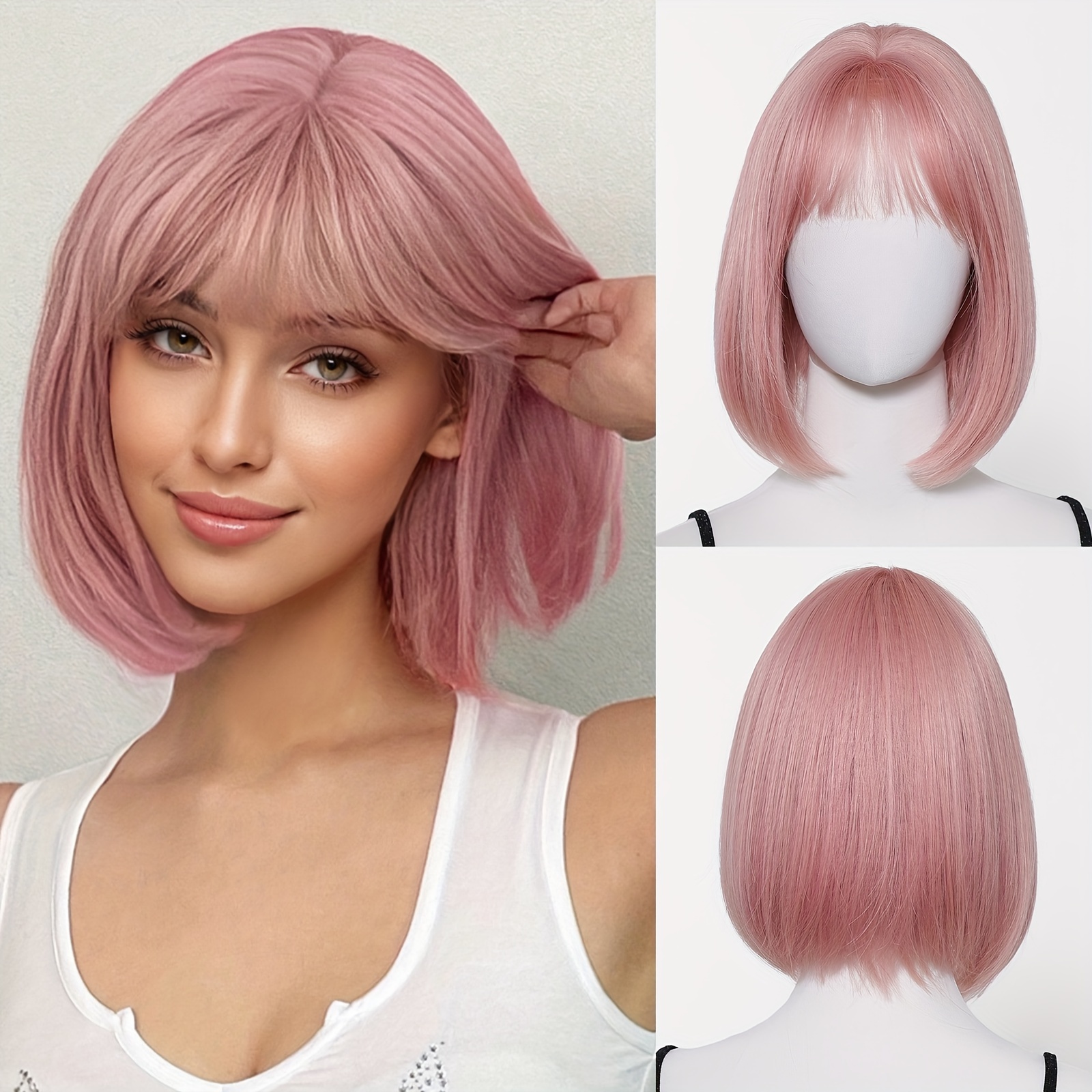 

Chic 14-inch Pink Bob Wig With Bangs For Women - Heat Resistant, Y2k Style, Parties & Cosplay