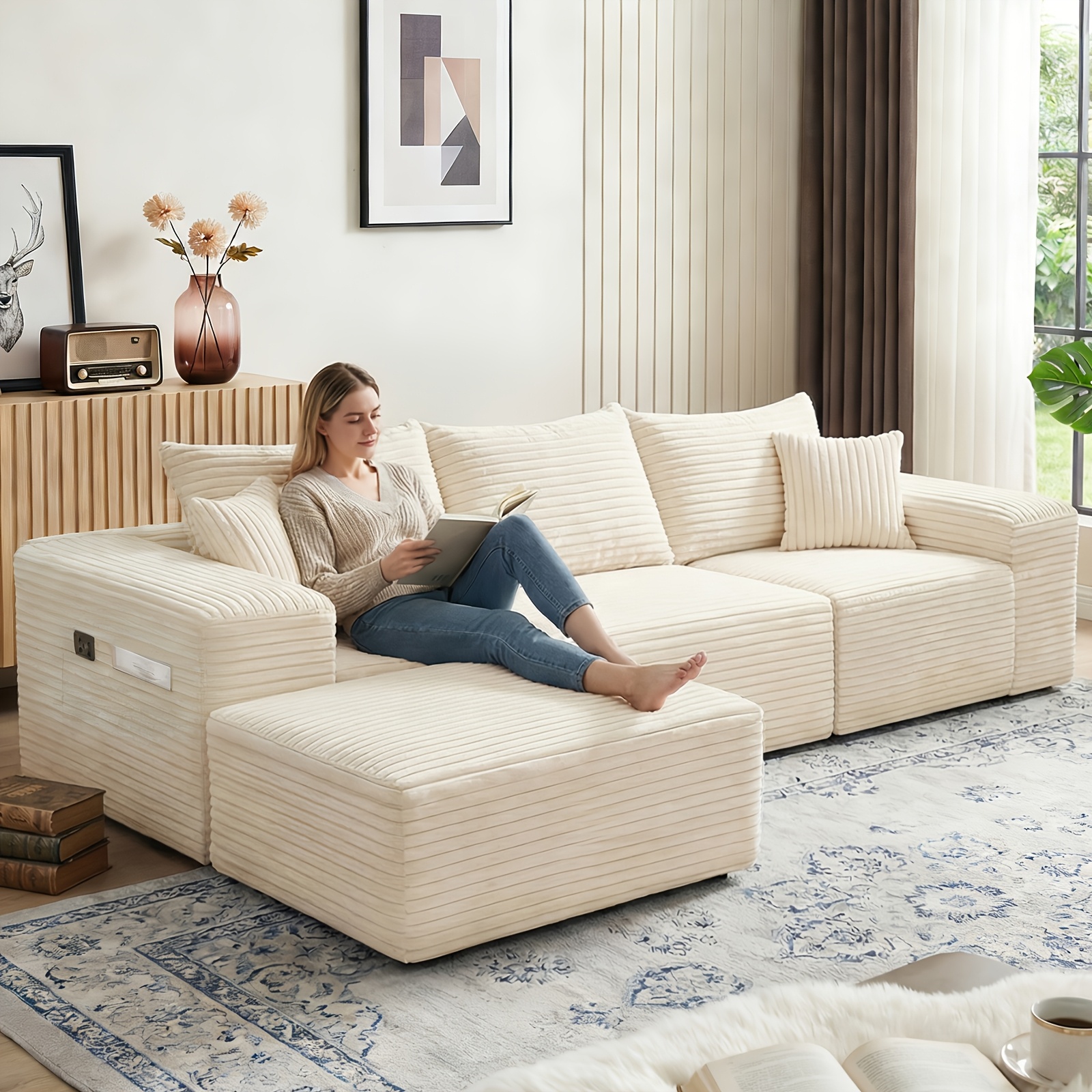 Image of L-shaped With Sleeping Function, Modular 3-seater With Chaise Longue On The Left, Corduroy Upholstery, Deep Seat, No , 267cm (black)