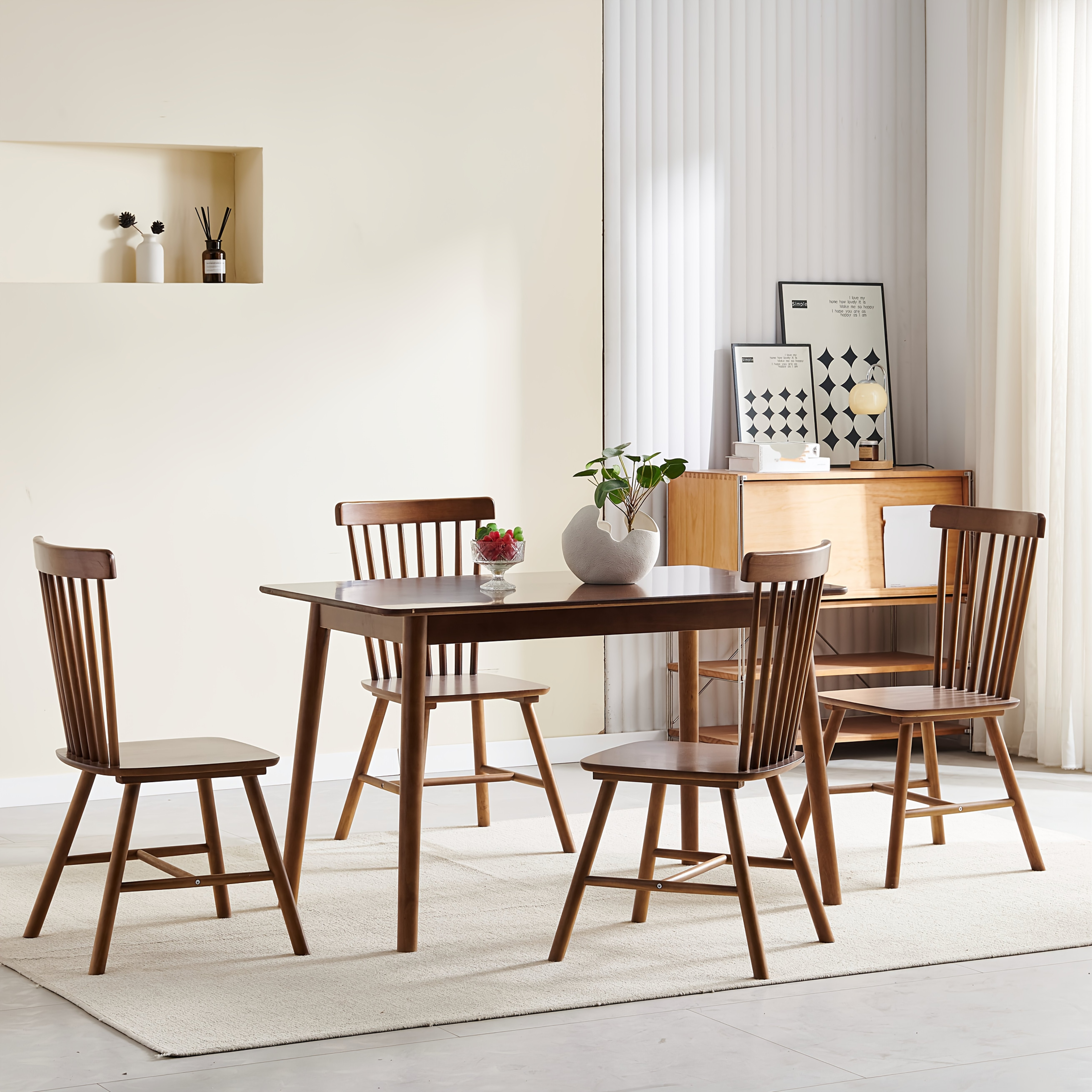 Image of Wood Dining Table Set For 4 And Mid-century, 5pcs Dining Set Modern Solid Wood Farmhouse Table & Chair Set For Home, Apartment