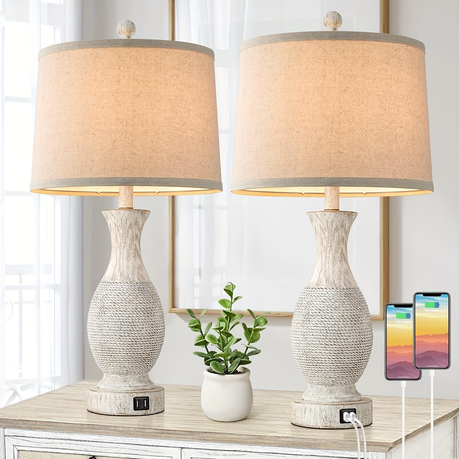 

Table Lamps Set Of 2-26" Tall Table Lamps With Usb Charging Ports, Farmhouse Bedroom Lamps With Rotary Switch & E26 Base, Bedside Nightstand Lamps With Fabric Shade For Living Room Office Bedroom