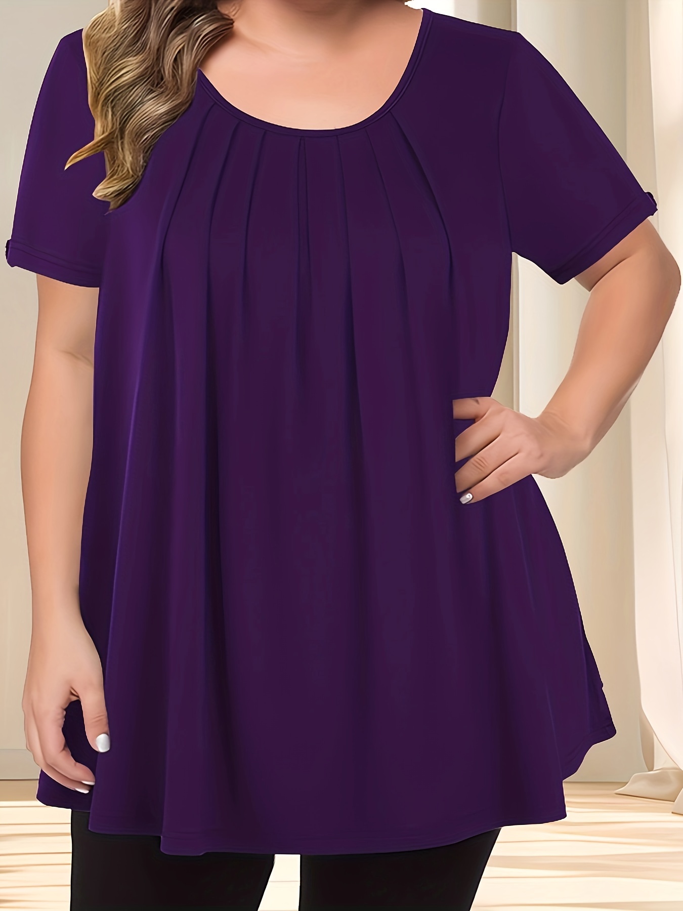 Women'S Casual Crew Neck Short Sleeve Blouse, Solid Color Plus Size, Lightweight Polyester with Subtle Stretch, Flared Hem, Spring/Summer Fashion Top, Casual Wear Blouse | Elegant Plus Size | Simple Eleganc