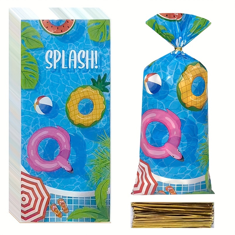 

50-piece Ocean-themed Pool Party Bags With Twist Ties - Cartoon Swim Ring Design, Perfect For Candy & , Ideal Summer Birthday Favors Candy Bags For Birthday Party