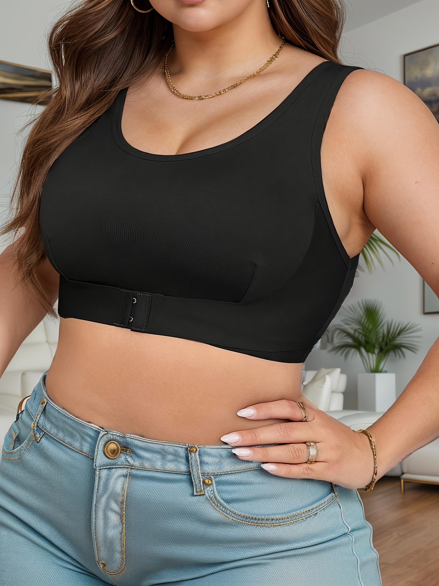 Women's Plus Elegant Bra, Plus Size Solid Front Closure Full Cover Non Padded Bralette