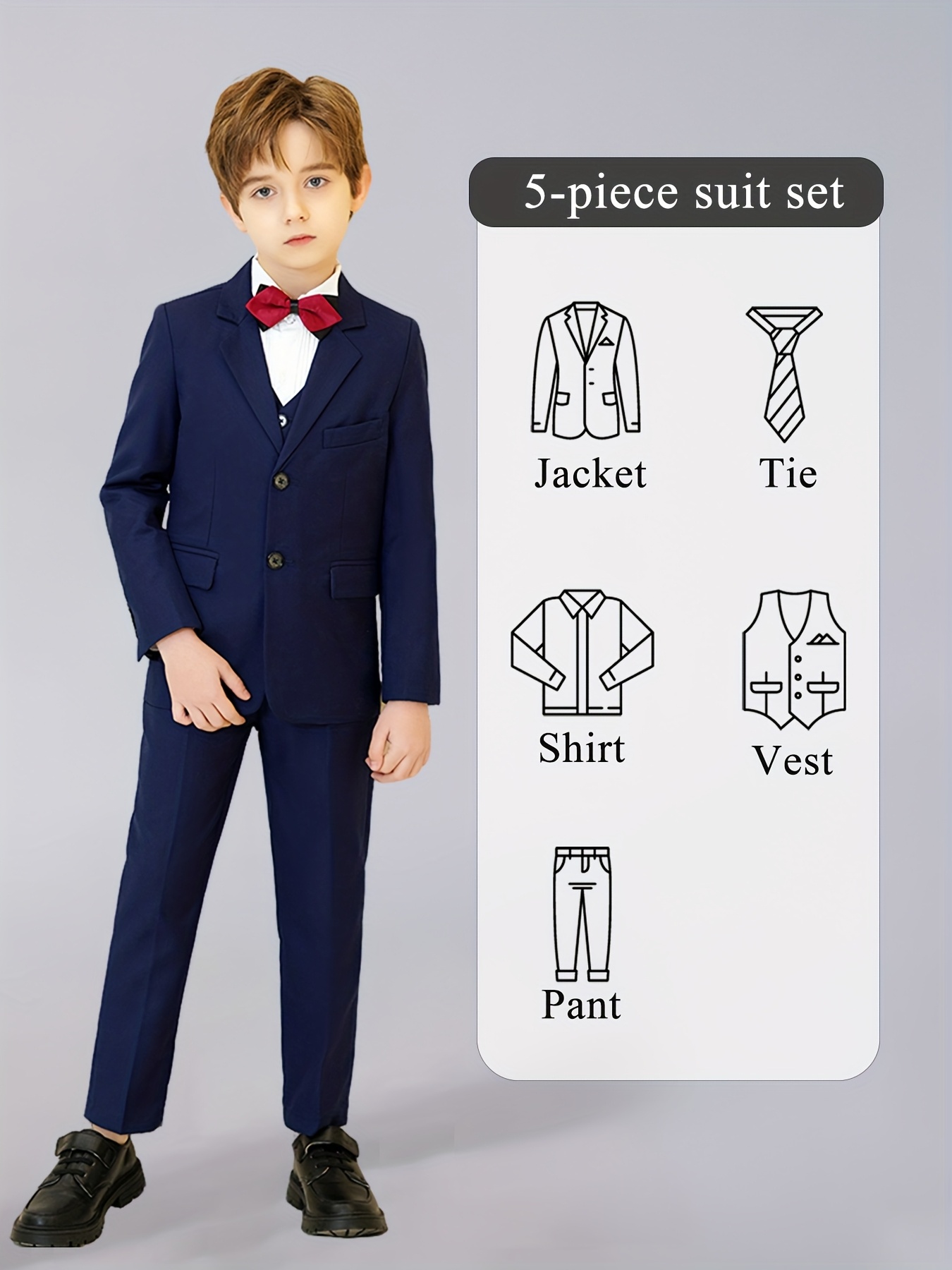男童西装5件套 派对宴会毕业假日休闲度假学校生日婚礼礼物青少年正式礼服燕尾服 儿童秋季服装圣诞用品夹克西装外套马甲裤衬衫领带随机发货 海军蓝  2-16岁套装, image size:800x1067