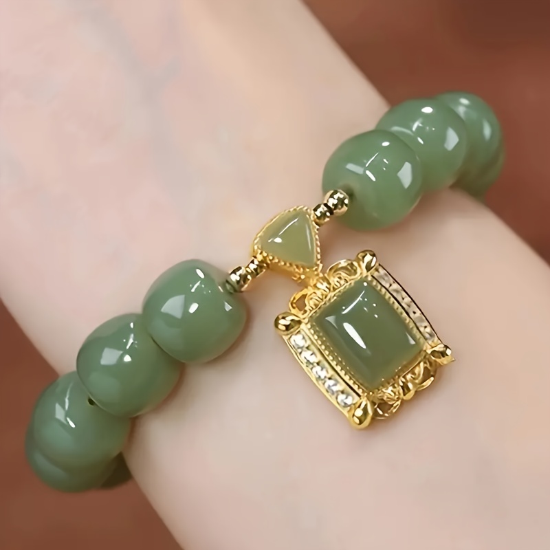 

1pc Green Faux Jade Beaded Bracelet Elegant Hand Jewelry Decoration Chinese Style