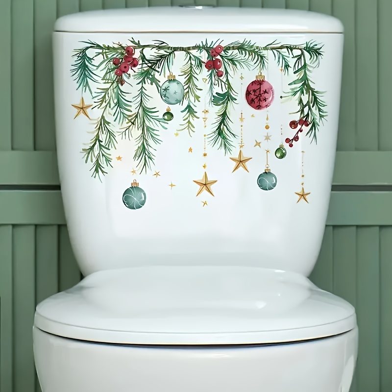 TEMU Autocollants de couvercle de toilette série Noël avec couronnes de pin, et ornements de Noël, adaptés aux autocollants de maison en plastique