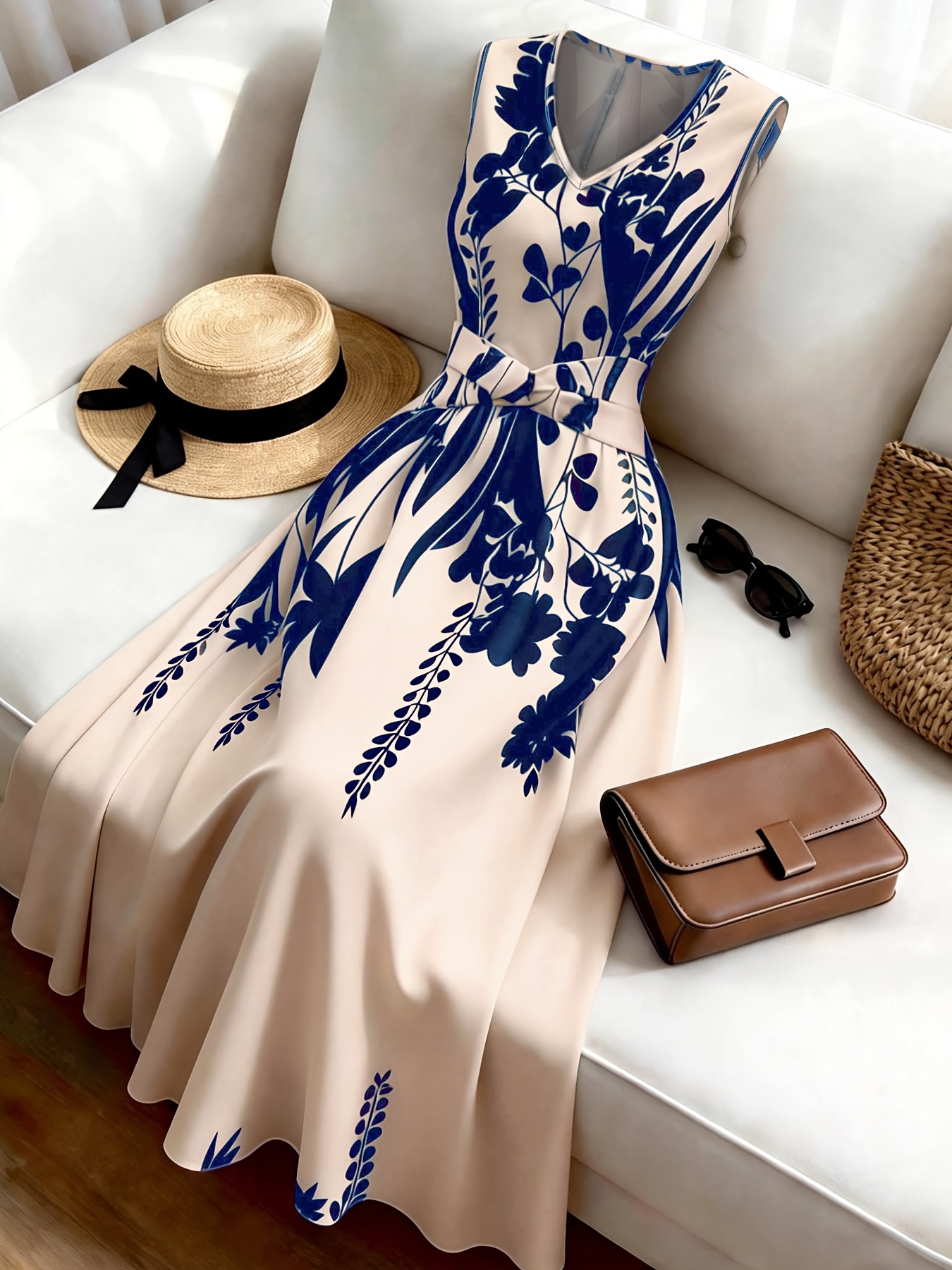 womens fashionable casual sleeveless simple printed dress waist cinching flared skirt suitable for summer   spring summer commuting   daily wear summer occasions parties beach graduation season and business