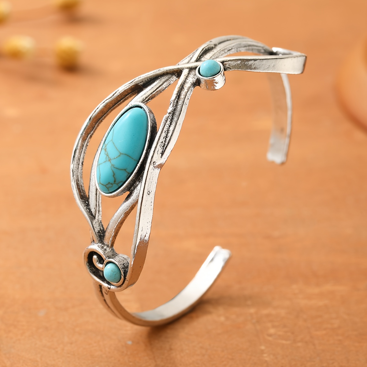 TEMU Retro Style Distressed Wrapped Inlaid Synthetic Turquoise Open Bangle For Women Suitable For Parties Daily Women's Additions