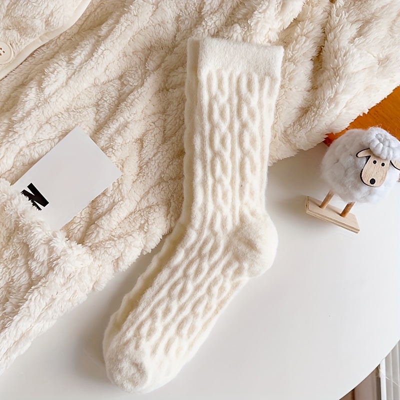 Autumn/winter Style Plush Twisted Cable Mid-calf Socks For Women, -lined, Thickened, Warm, For Floor Wear, Home