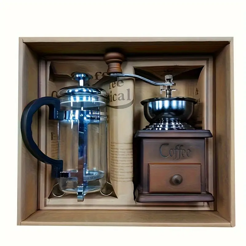 1set wooden classic vintage mini manual bean grinder press pot set kitchen coffee utensils home handheld grinder gift box set of boutique products details 1