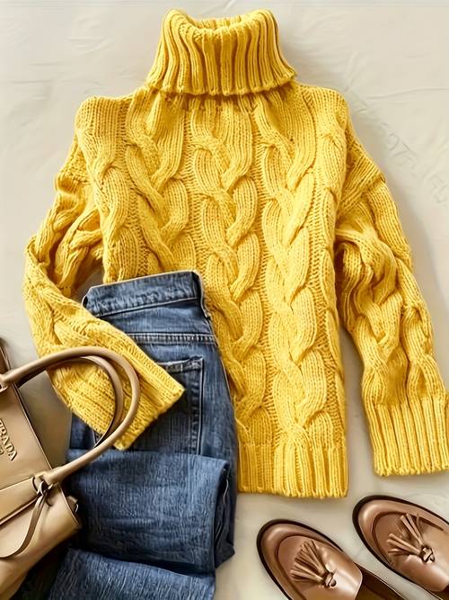 european and size womens autumn winter high end elegant vintage cable pullover turtleneck sweater