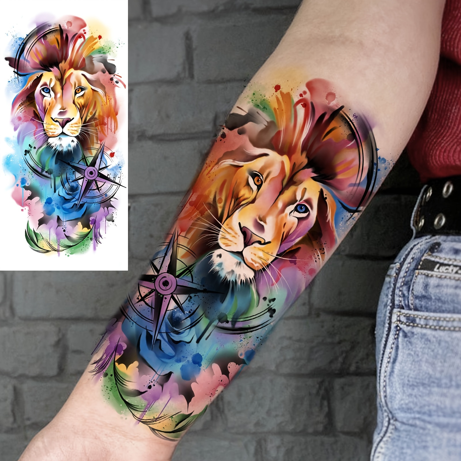 

Watercolor Lion & Compass Temporary Tattoo Sticker - Waterproof, Long-lasting Fake Sleeve For Arms & Legs, Perfect For Women And Adults