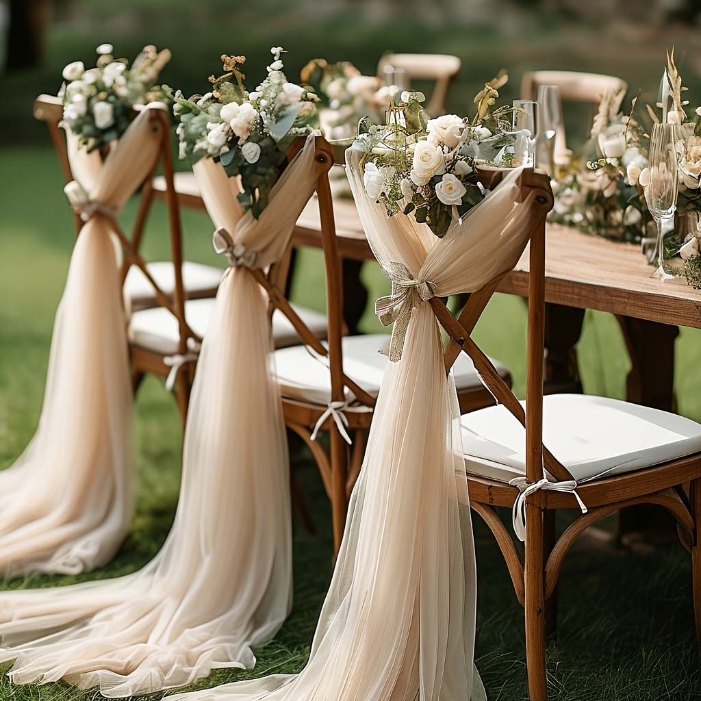 TEMU Lot de 6 Élégantes Écharpes de Chaise de Mariage Champagne en Tissu Décoratif, Tulle Voilé, Longues Décorations Suspendues pour le Dos et le des