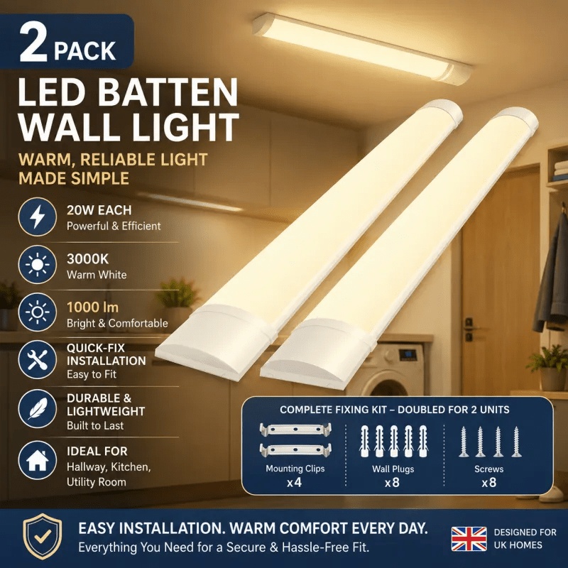 2 pack 20w led batten light 2ft 60cm 3000k warm white ceiling tube light   surface mount led strip lamp for kitchen hallway utility room wardrobe