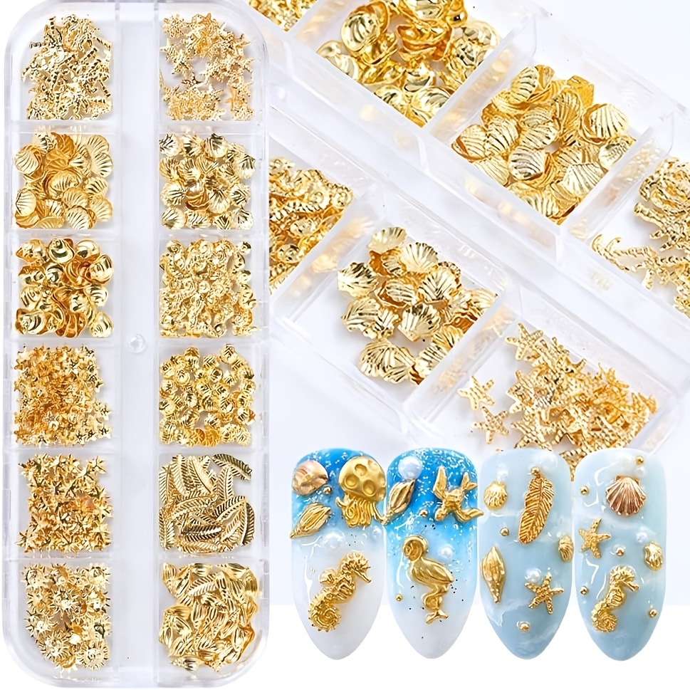 3d Metallic Nail Decorations - 12 Designs, Holographic Glitter And Sequin Golden Craft Kit - Seahorse, Leaf, Starfish Nail Charms And Sparkles For Acrylic Art