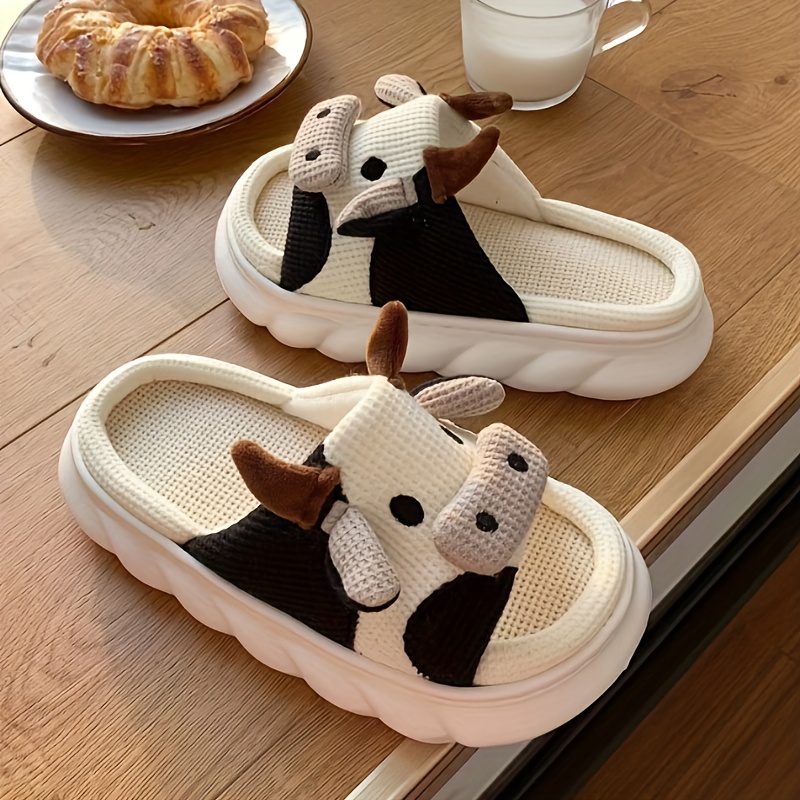 

Cute Cow & Rabbit Linen Slippers, Soft Sole Open Toe Platform Home Shoes, Women's Cartoon Slippers