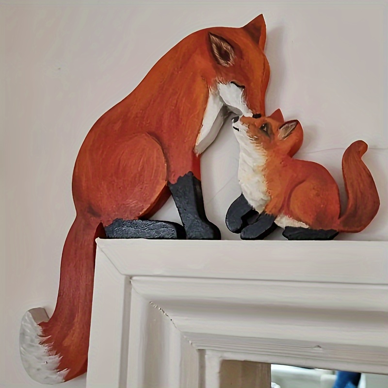 

Handcrafted Wood Mama And Baby Fox Hanging Ornament - Farmhouse Style Animal Sculpture, Manufactured Wood Door Topper, Wall Art Figurine For Home & Office Decor, No Electricity Required