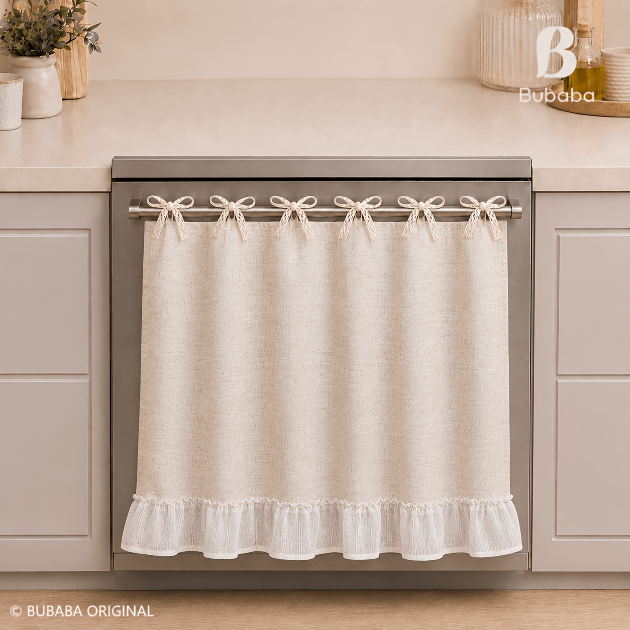 TEMU Farmhouse Style Oven Mitt Curtain, Scalloped Lace Tie-back Decor, Beige Vertical Gauze Scalloped Tie-back Oven Curtain, Suitable For Hiding