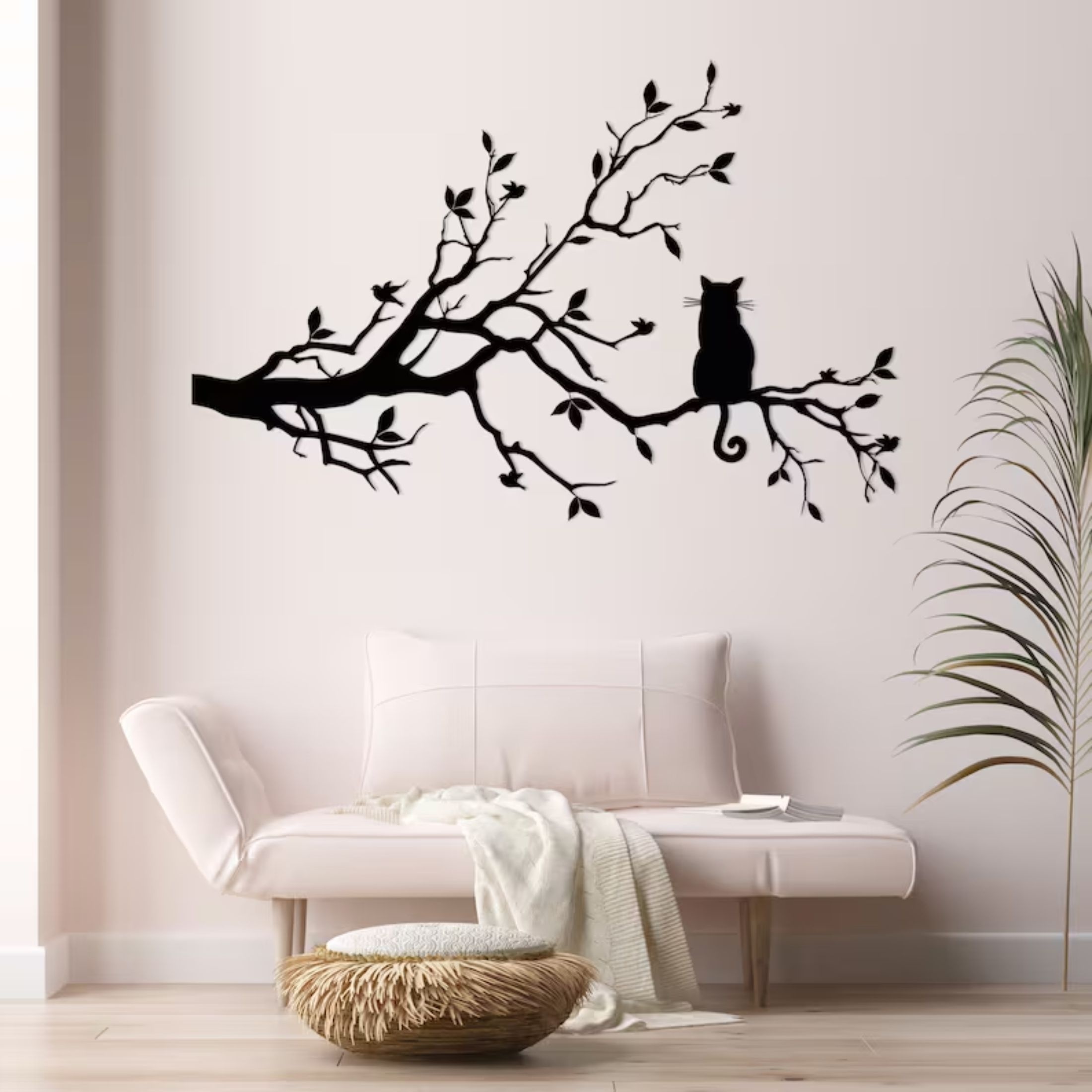 

Metal Wall Art, Cat On Tree Branch Silhouette Metal Wall Decor - Feline Lover Gift, Metal For Home Interior, Whimsical Cat And Bird Sculpture For Wall Enhancement