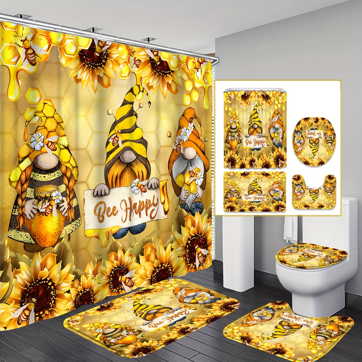 

4pcs Sunflower Goblin Shower Curtain Set, Waterproof Shower Curtain With 12 Hooks, Bathroom Rug, Toilet U-shaped Mat, Toilet Seat Cover, Complete Modern Bathroom Decor