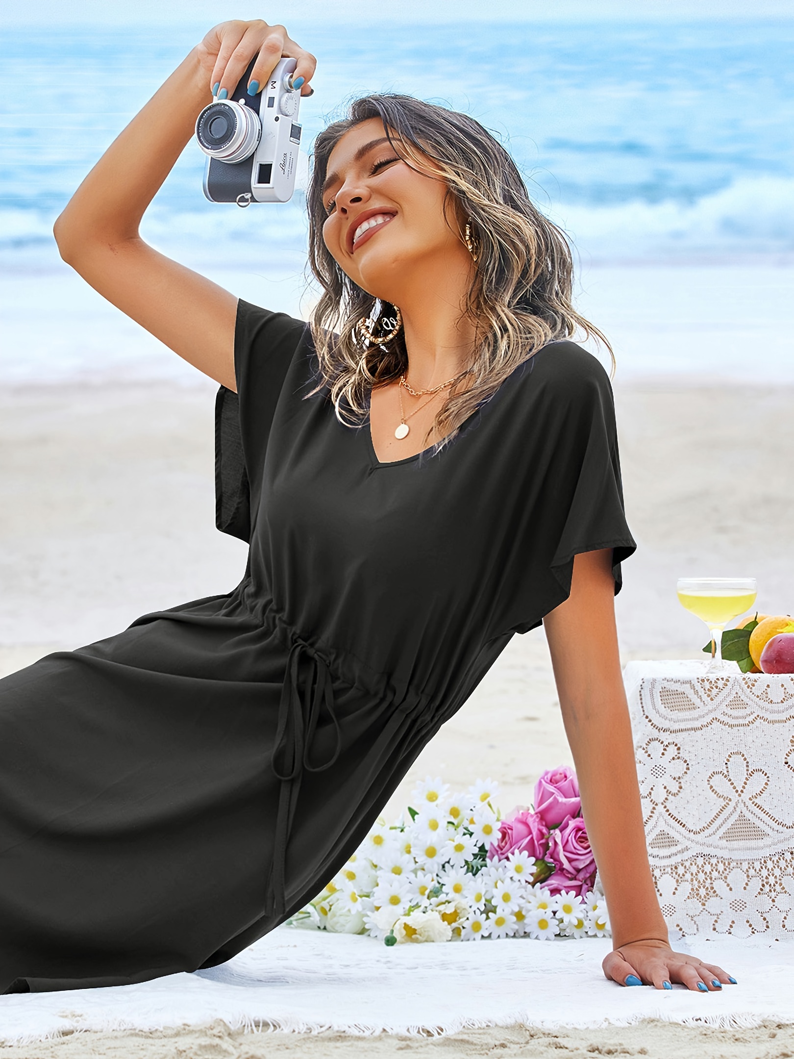 Womens Loose Swimsuit V Neck Coverup Short Sleeve Beach Cover Up Dress  Bikini Beachwear Bathing Suit for Women Beach Dress Tie Waist Loose Plus  Size M