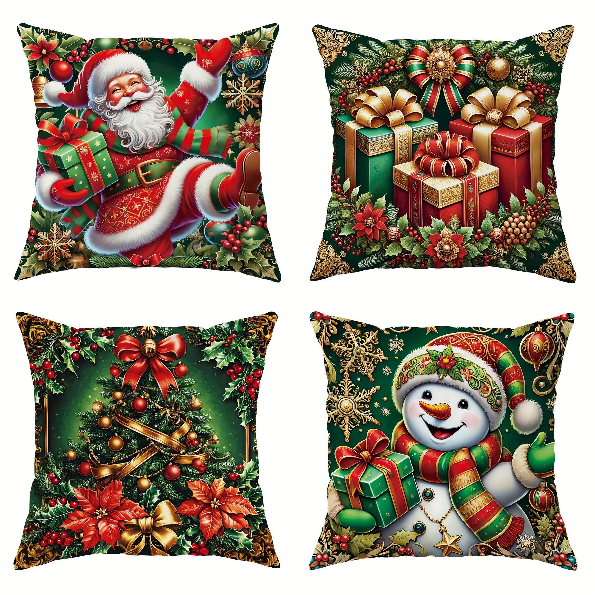 

Festive 4pcs Christmas Throw Pillow Covers Set - Santa Claus, Snowman & Gift Designs - Soft Velvet, Red & Green, Zip Closure, Machine Washable - Perfect For Holiday Home Decor (inserts Not Included)