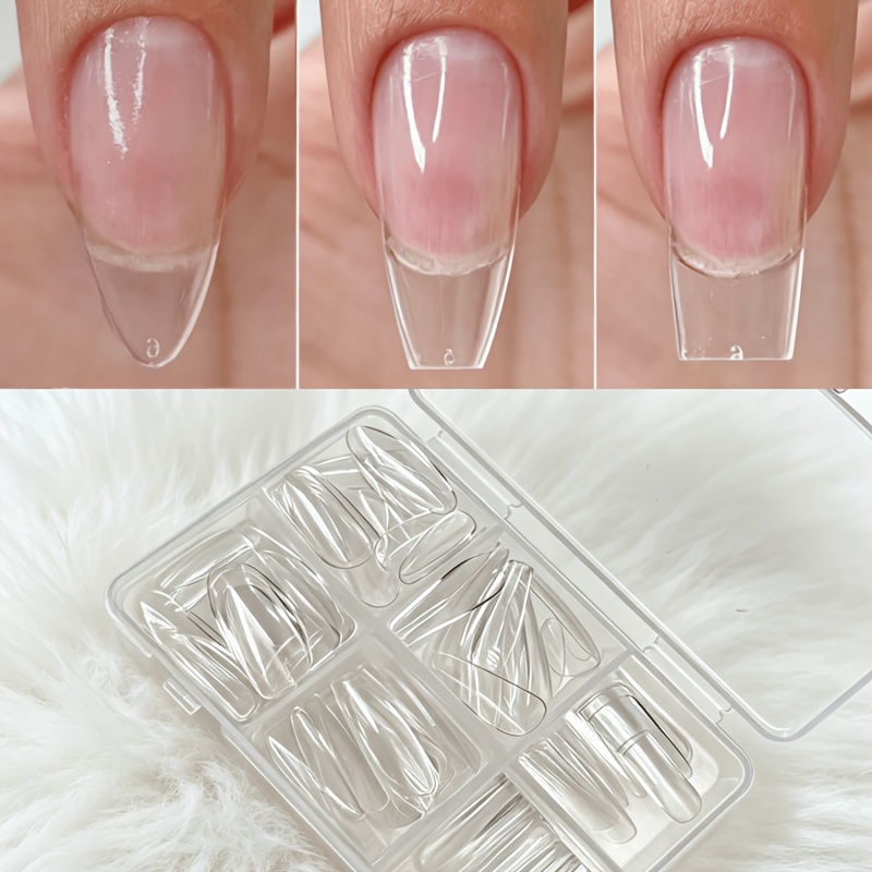 TEMU 72pcs Faux Ongles Transparentes en Boîte, Longs et Doux, Couverture Complète, Ongles à Presser, 3 de Base /Coffin/Carré, Épaissi et Arrière Fin,