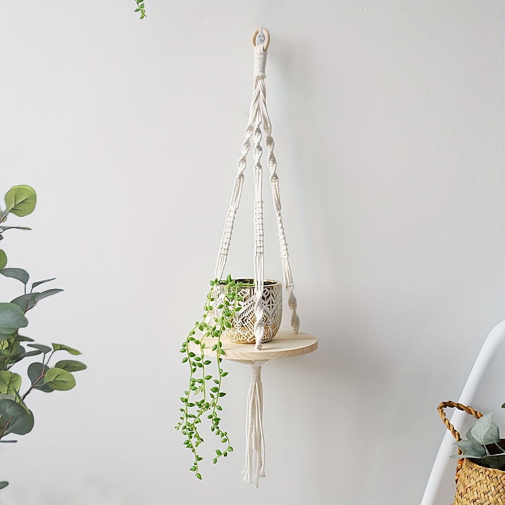 

1pc Bohemian Macrame Plant Hanger, Wooden Fringed Indoor Hanging Planter Shelf, Decorative Plant Holder, Rustic Boho Home Decor For Succulents, Cacti, Herbs, Small Plants