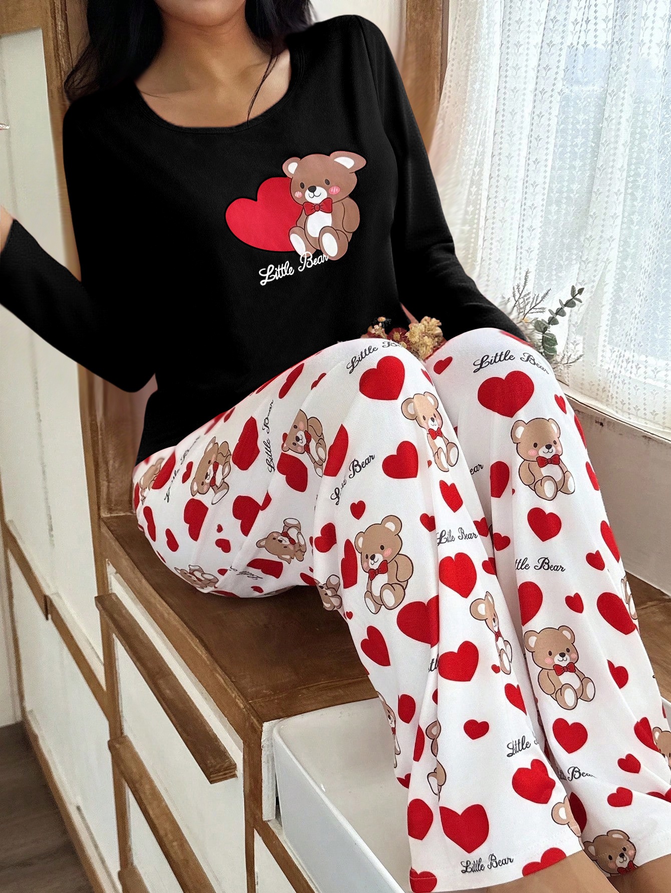 womens 2pcs heart bear pajama set cozy red heart bear print long sleeve nightgown pants with elastic waistband button   soft   loungewear for women cute pajamas