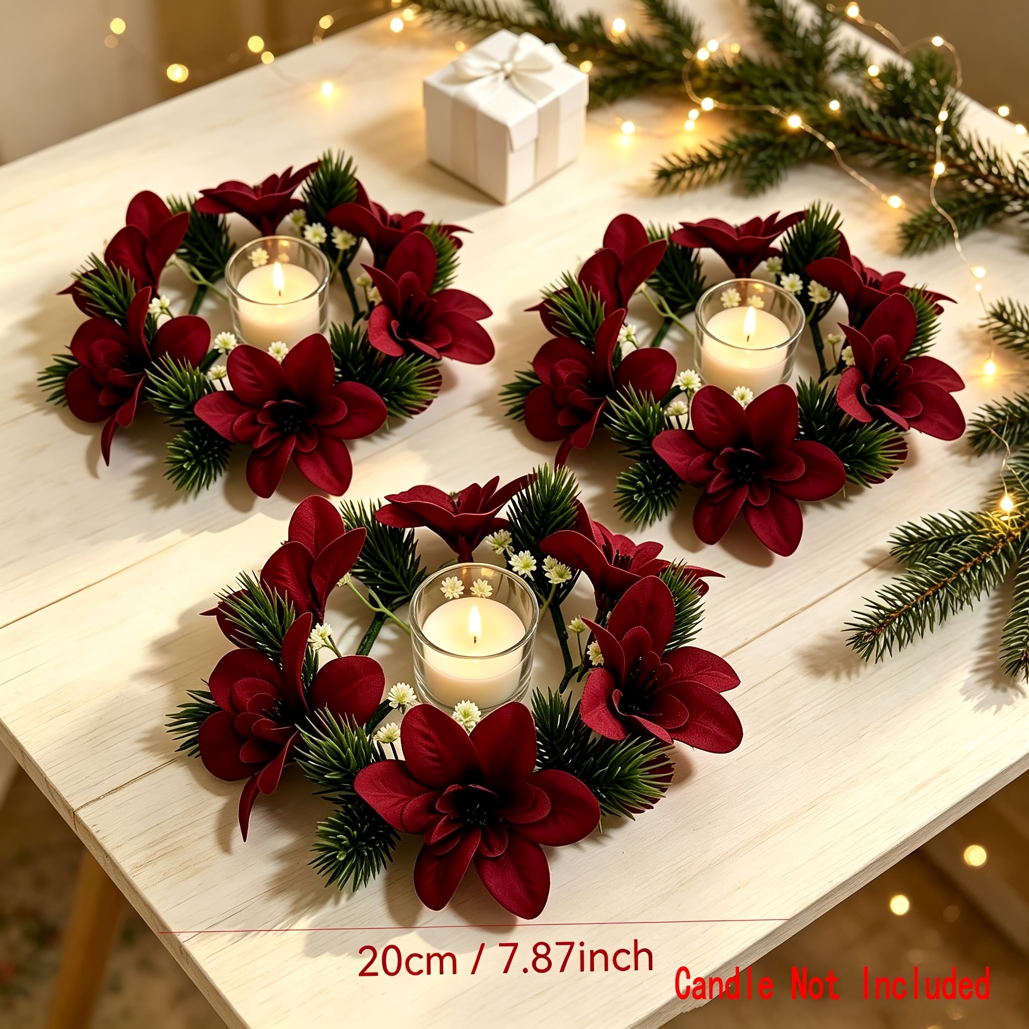 TEMU Lot de 3 supports de bougie anneaux artificiels et de pomme de pin avec base de couronne - Centre de table colonnaire , , Noël, les décorations