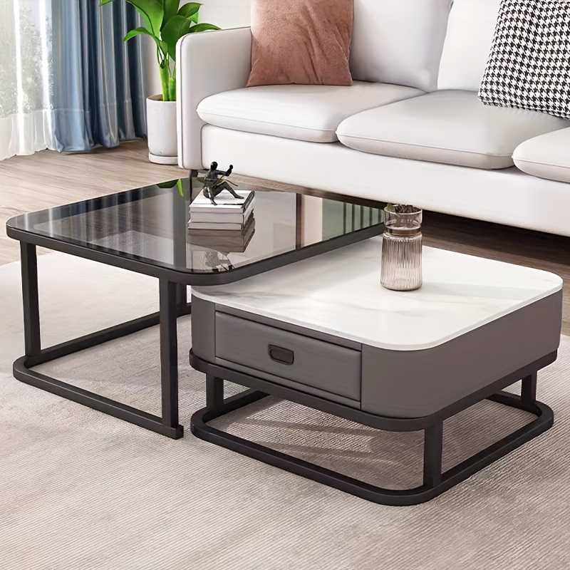 A combination set of a 27.5-inch tempered glass large table and a 23.5-inch slate small table, square coffee table, tea table, suitable for various scenes such as living room, bedroom, courtyard, reception room, etc.