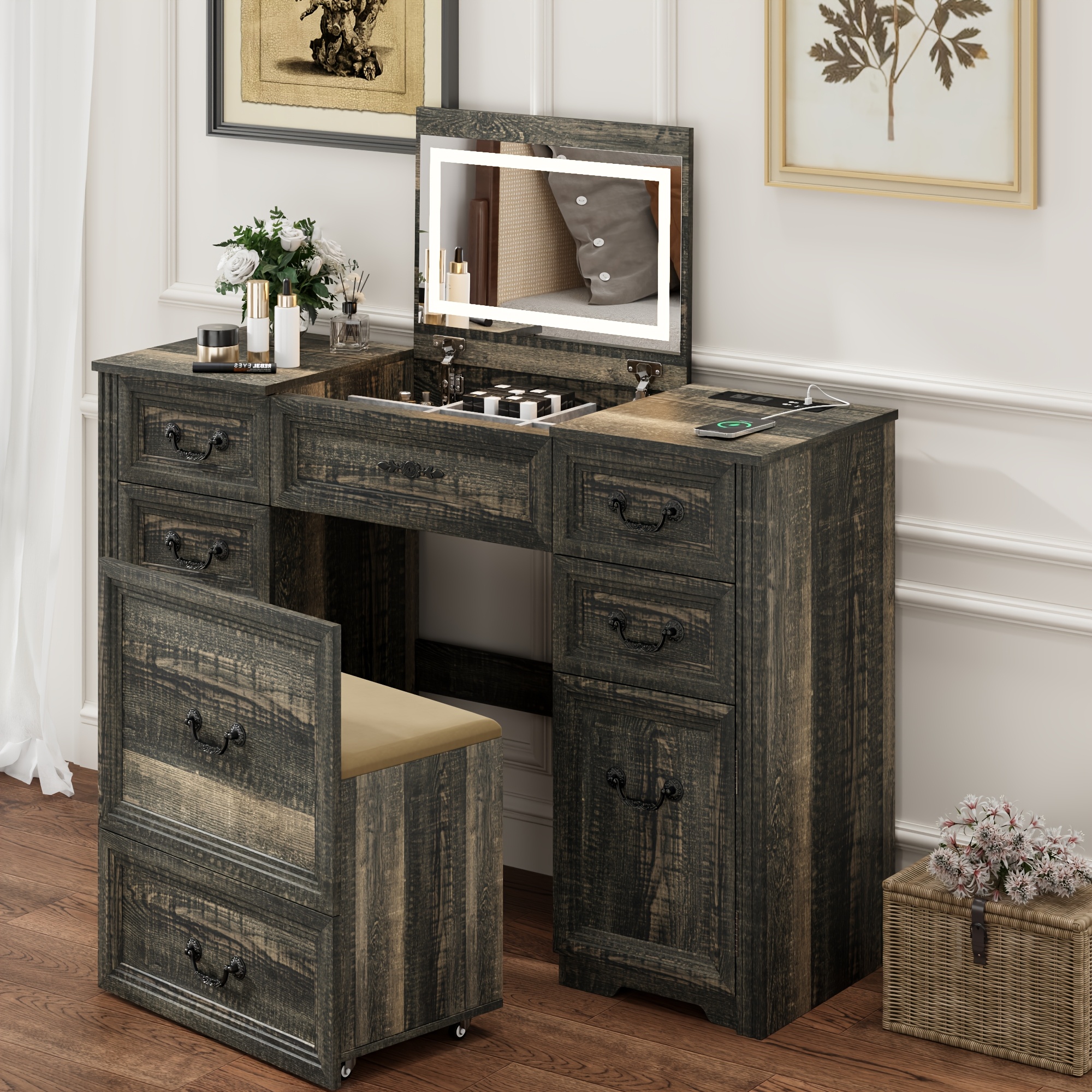 HWB 3 In 1 Farmhouse Vanity Desk With Mirror And 3-Color Lights, Flip Top Mirror Makeup Vanity Set With Charging Station, Compact Vanity With 4 Drawers, Adjustable Shelves &amp; Padded Stool