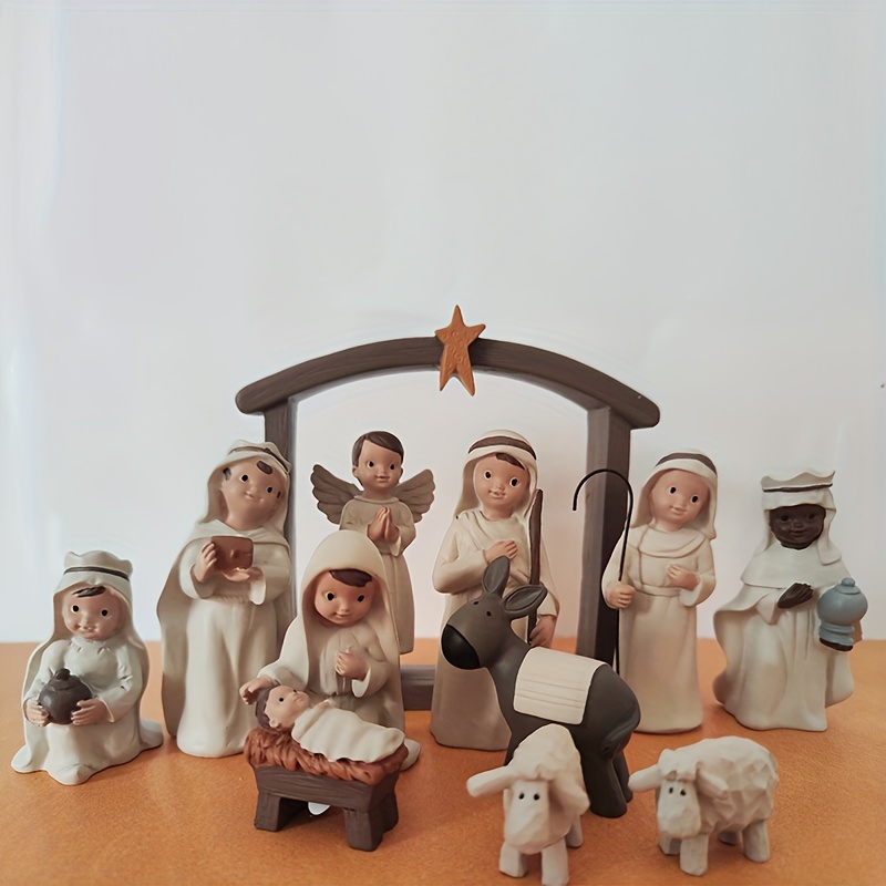 Presepe Classico Da Tavolo 5 Statuine - Sacra Famiglia Con Gesù, Maria, Giuseppe, Bue, Asinello E Pecorelle - Decorazione Natalizia 9,5 Cm - 4