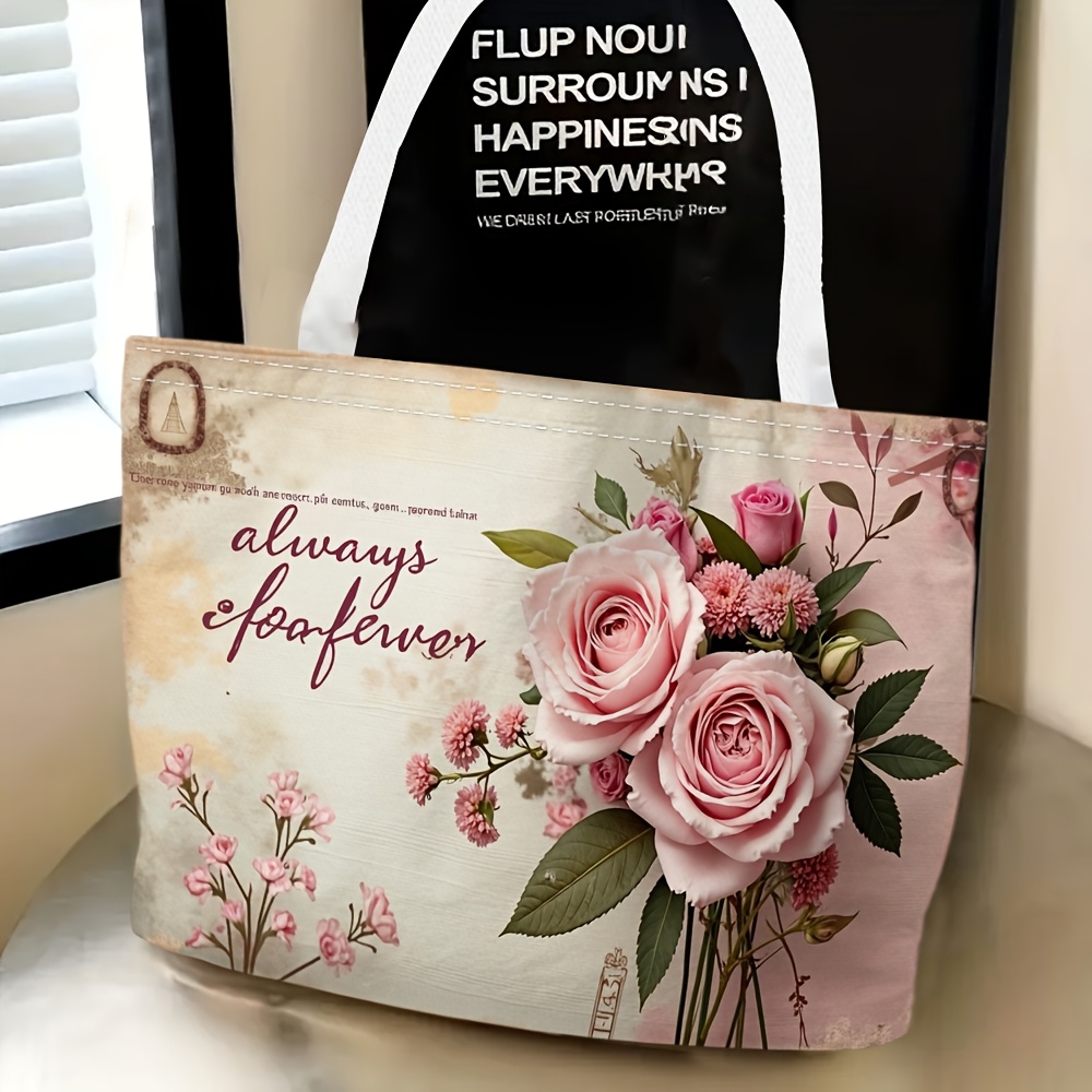 TEMU 1pc, Women's Shoulder Bag With Pink Rose Floral Illustration Theme, Multi-functional And Versatile, Handbag, Clutch, Horizontal Shoulder Bag,
