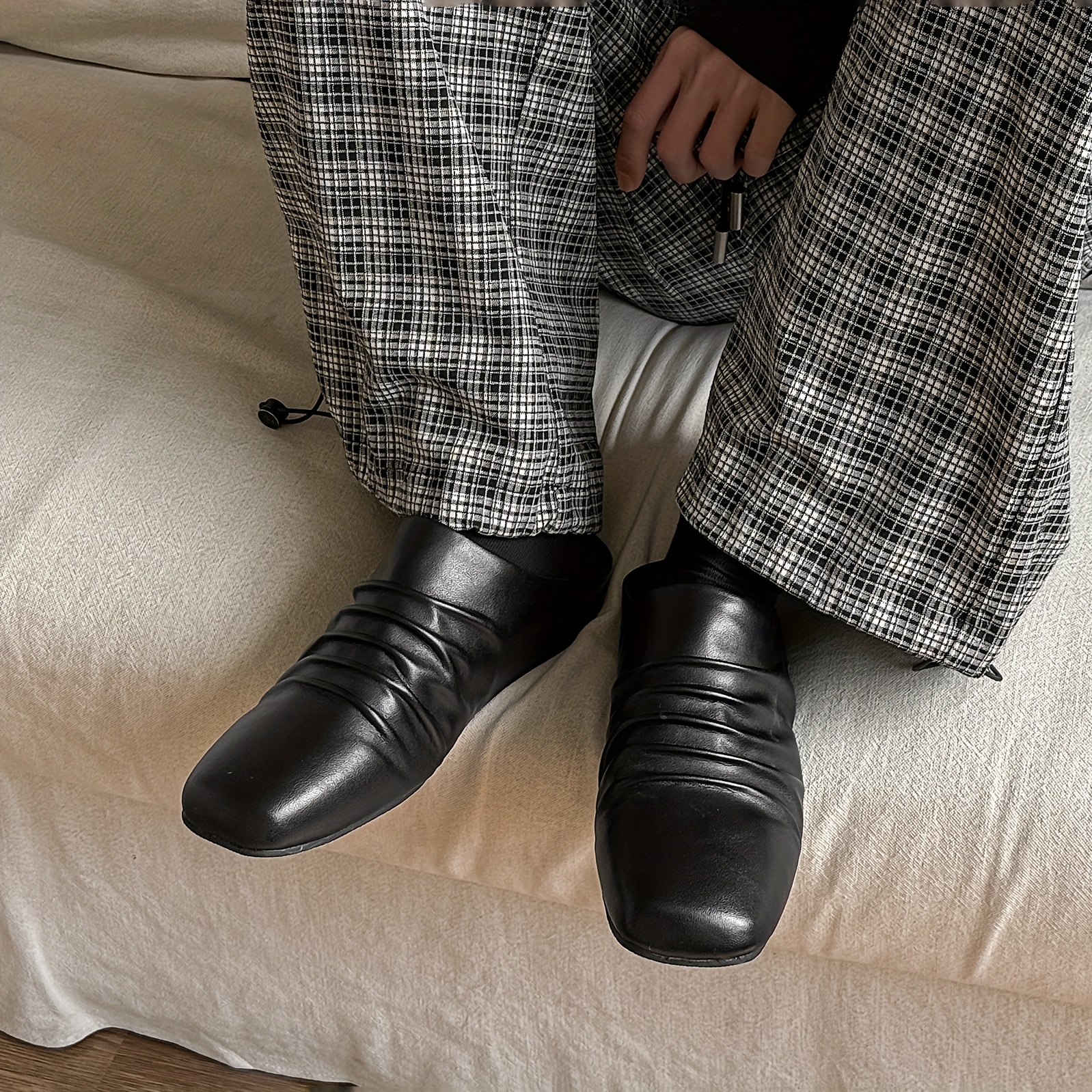 square toe pleated design semi slip mule shoes men's shoes - Temu