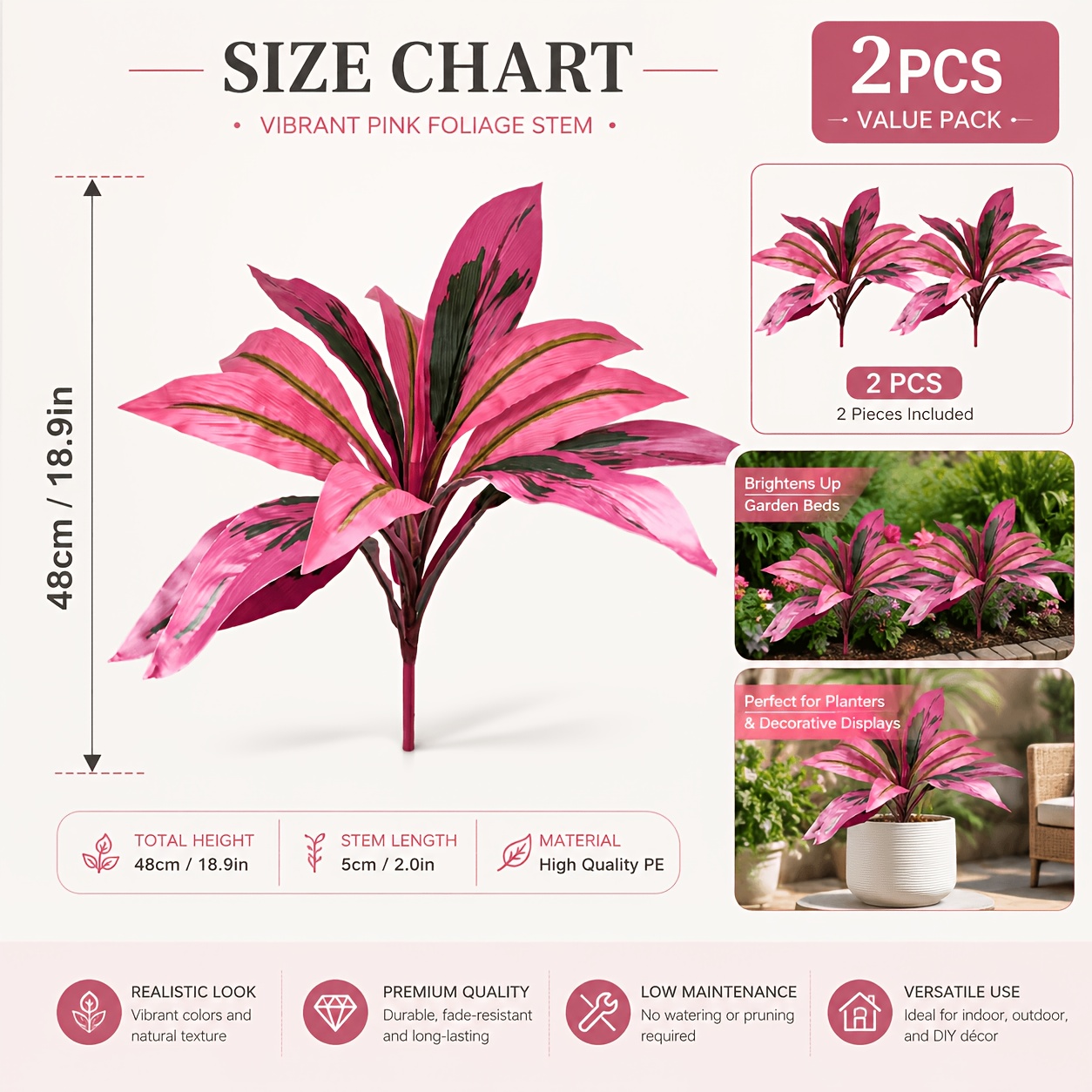 TEMU 2 Rami di Pianta Artificiale Rosa, Decorazione Vegetazione Stile , Composizione con Foglie Realistiche, Adatta per Piantumazione in Giardino,
