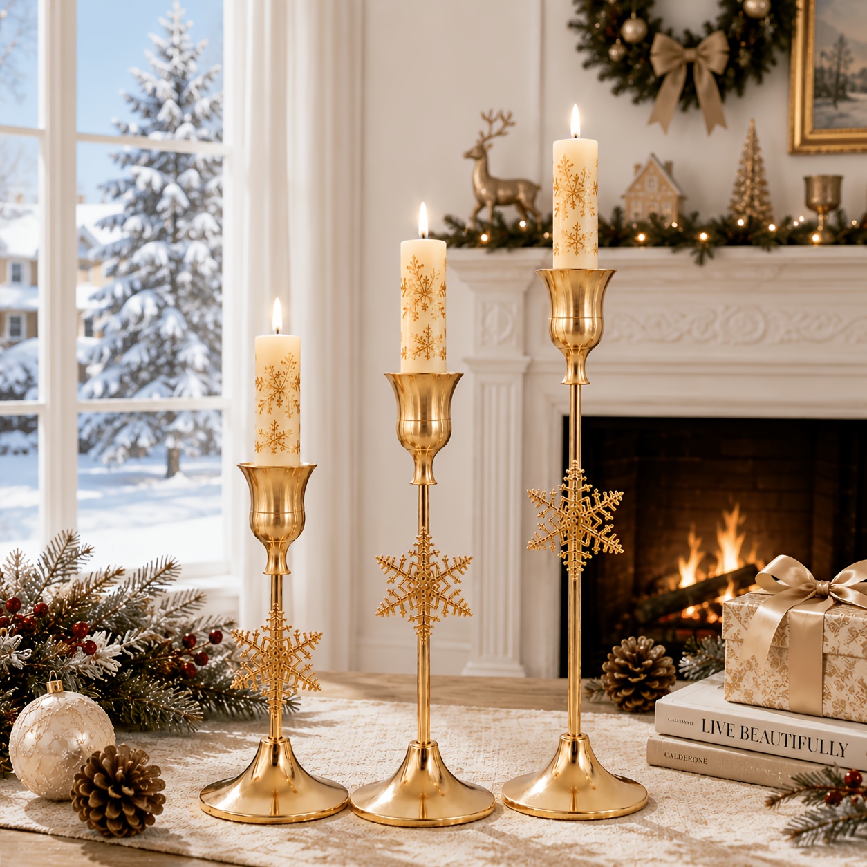 TEMU Set Of 3 Elegant Snowflake Taper Candle Holders - Tabletop Suitable For Christmas, Winter Weddings, Fireplace Mantel Centerpiece With Snowflake