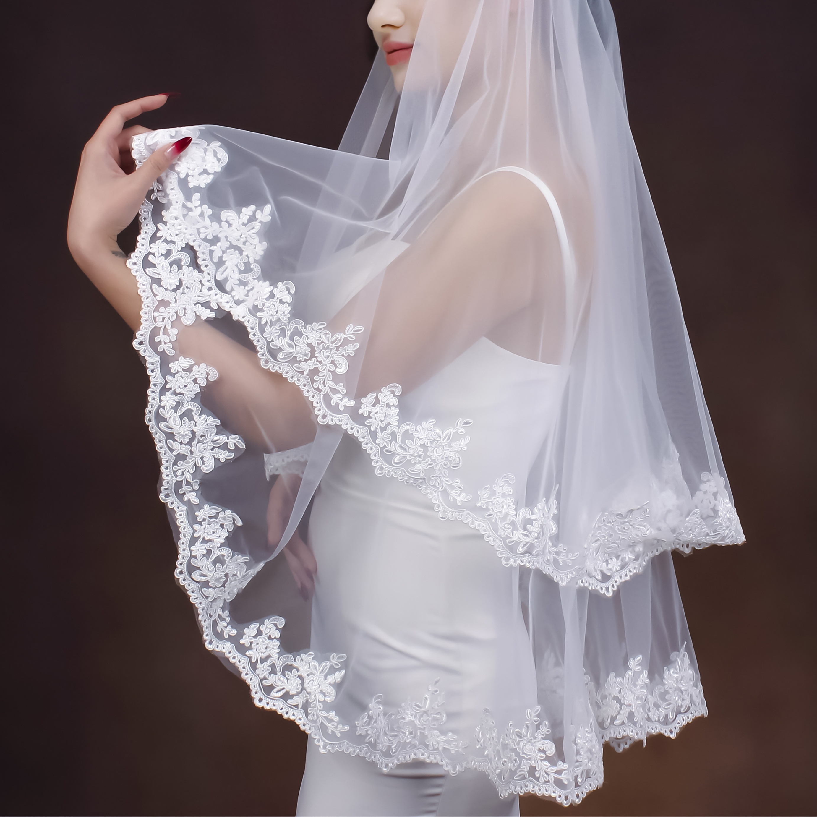 Two Layer Elegant Bridal Wedding Veil, Short Lace Veil With deals Comb, With Lace Edge Around