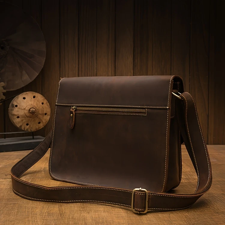 mens vintage style genuine leather messenger bag with adjustable strap casual handcrafted crossbody satchel with multiple pockets scratch repairable daily accessory details 14