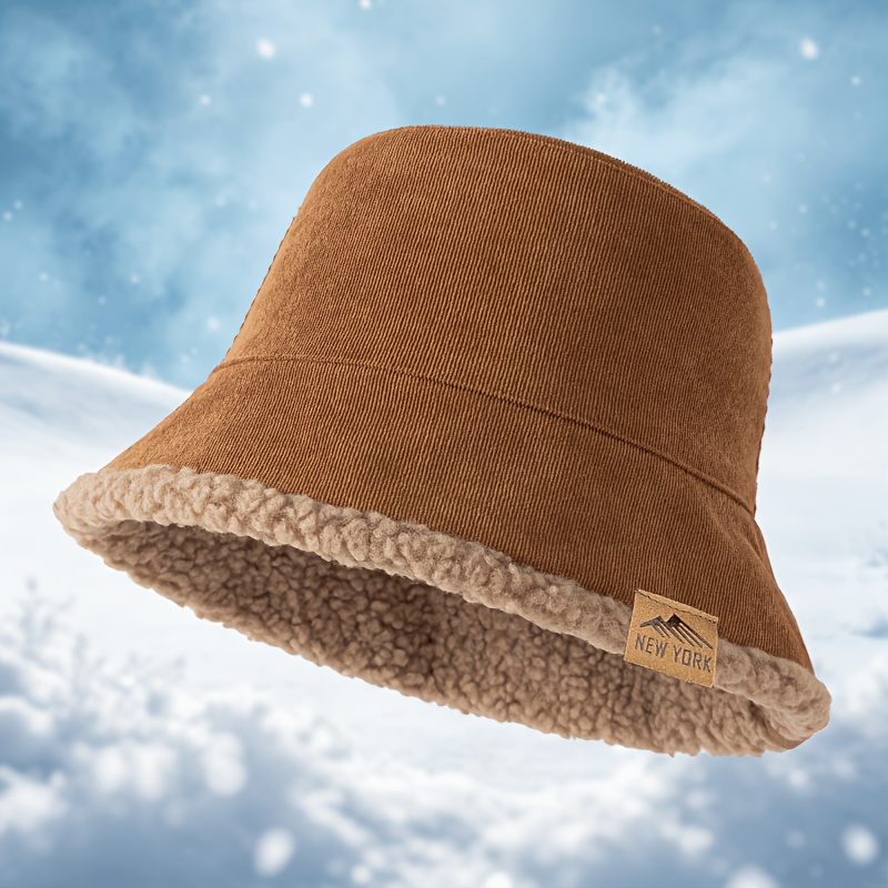 TEMU 1pc Women's Winter Warm Reversible Double-sided Bucket Hat, Men's And Women' Outer Corduroy Lined Fleece Beanie, Vintage Versatile Face- Design,