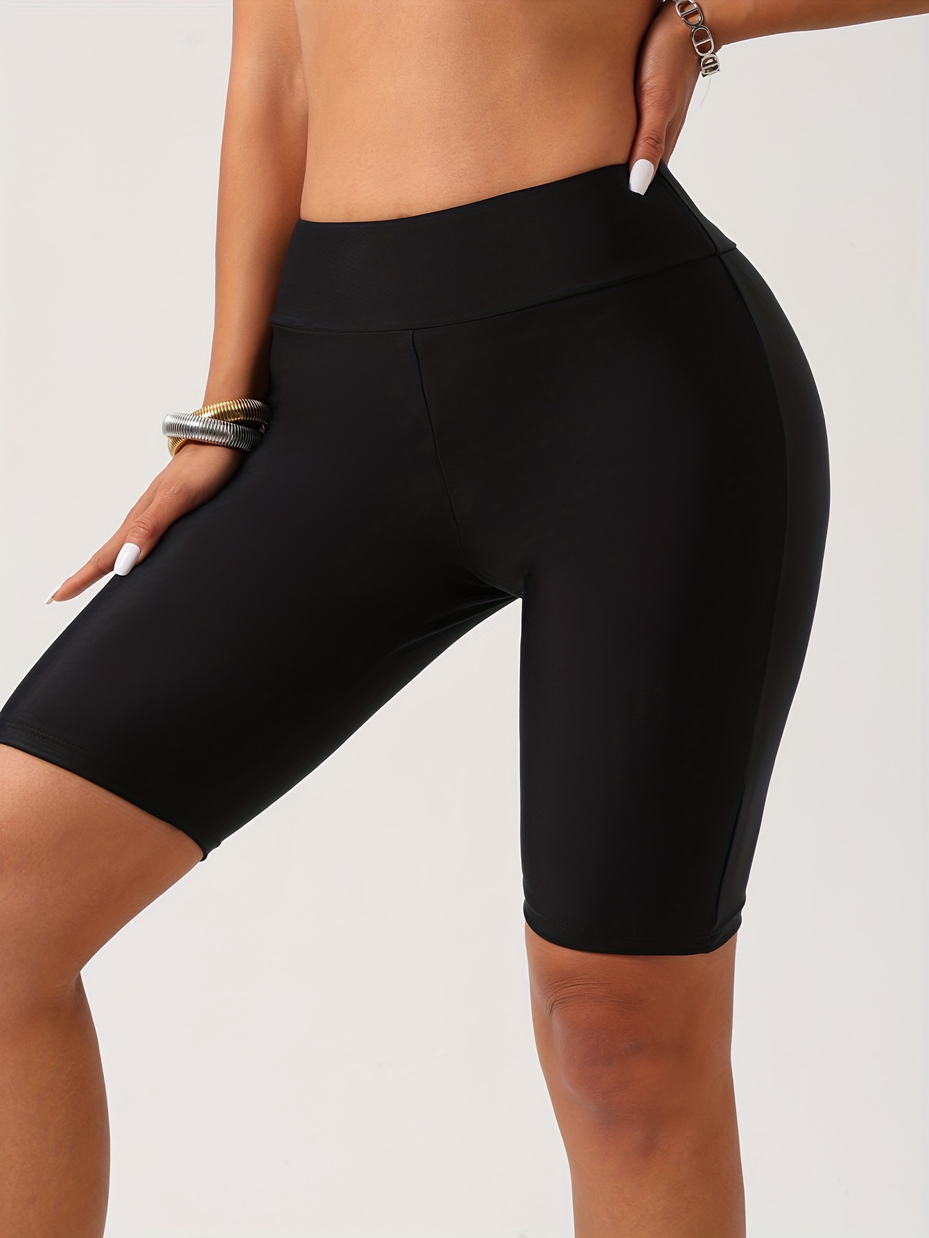 Solid Black Skirted Water Sports Leggings Stretchy High - Temu