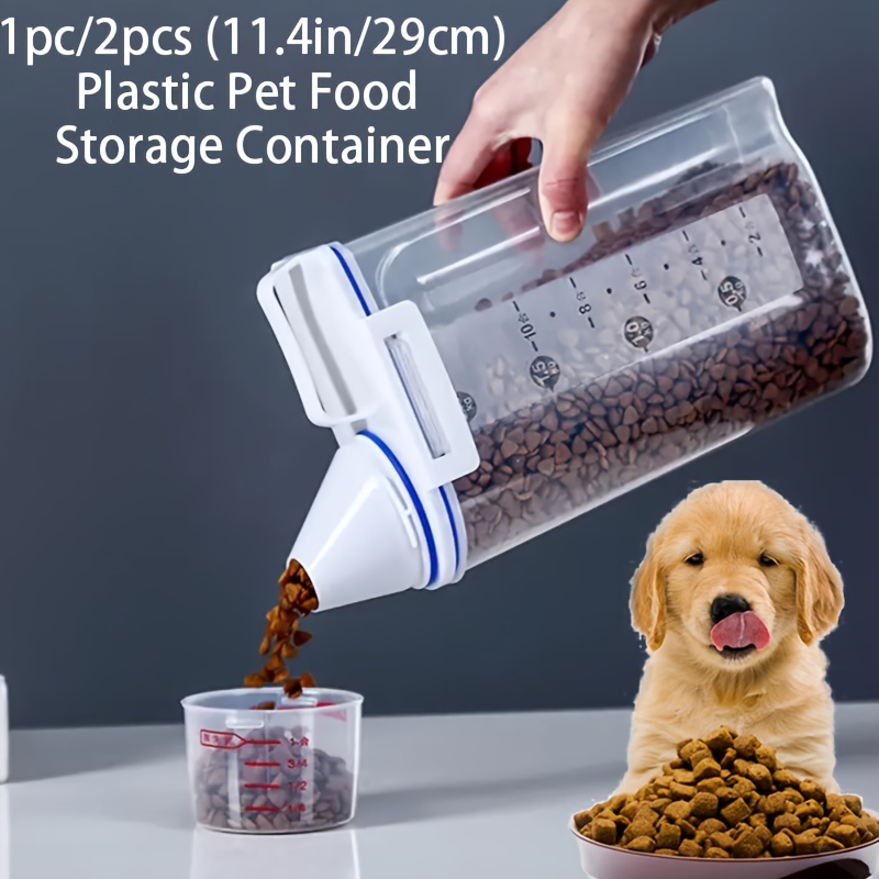 

1pc/2pcs Plastic Pet Food Storage Container, Portable Dog Food Container With Measuring Cup, Sealed Buckles Food Dispenser For Regular Food For Dog Food