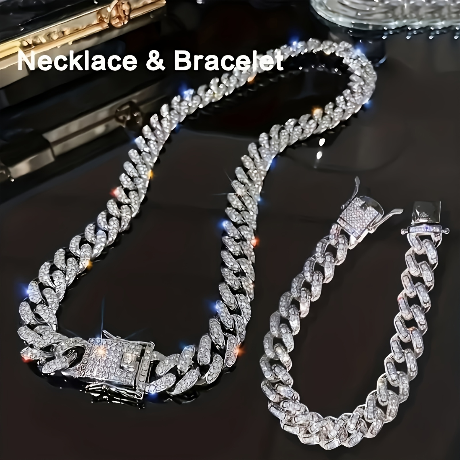 

Two-piece Stainless Steel Cuban Chain Jewelry Set, Glass Mosaic, Fashionable Necklace And Bracelet, Ideal For Anniversary, Valentine's, Birthday Gifts, Gift Box Included