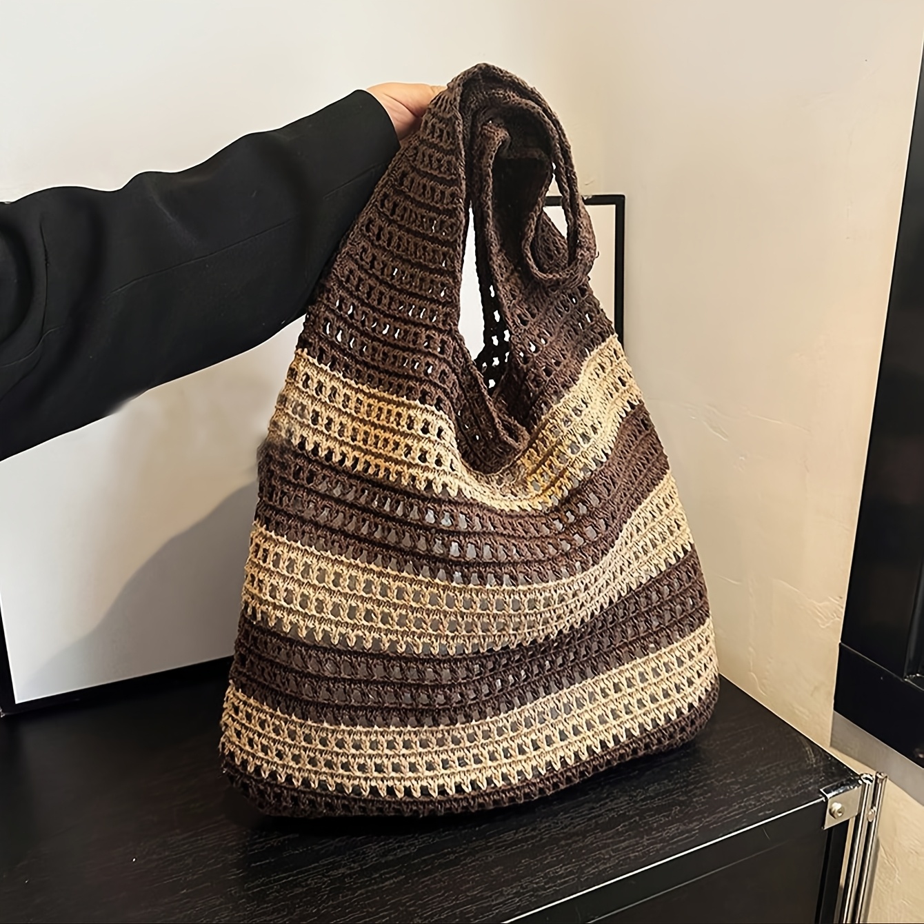 E-shop Gewebte Damen Tragetasche, Häkelte Stofftasche, Gestrickte Handtasche, Strandtasche, Sommer Vintage Urlaubsstil, Handgefertigte Gestreifte