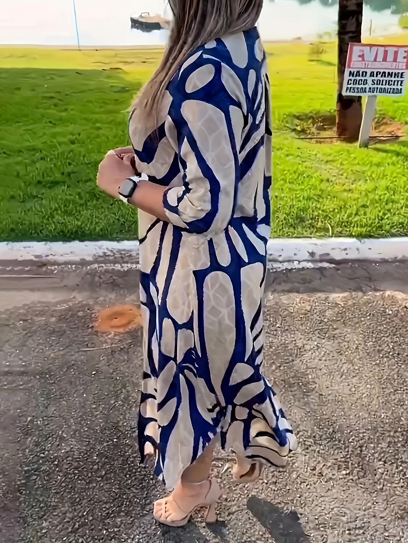 1pc elegant geometric print tunic dress for women polyester 100   long dress with lapel collar three quarter sleeves and button details woven casual commuter style Product details 3